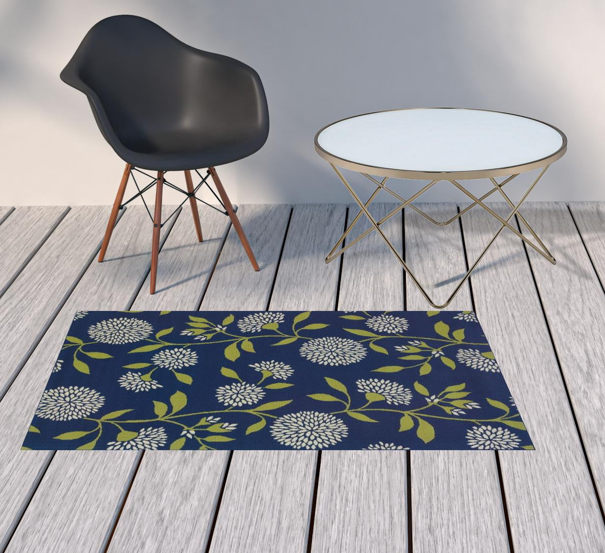 2' X 5' Blue and Green Floral Indoor Outdoor Area Rug