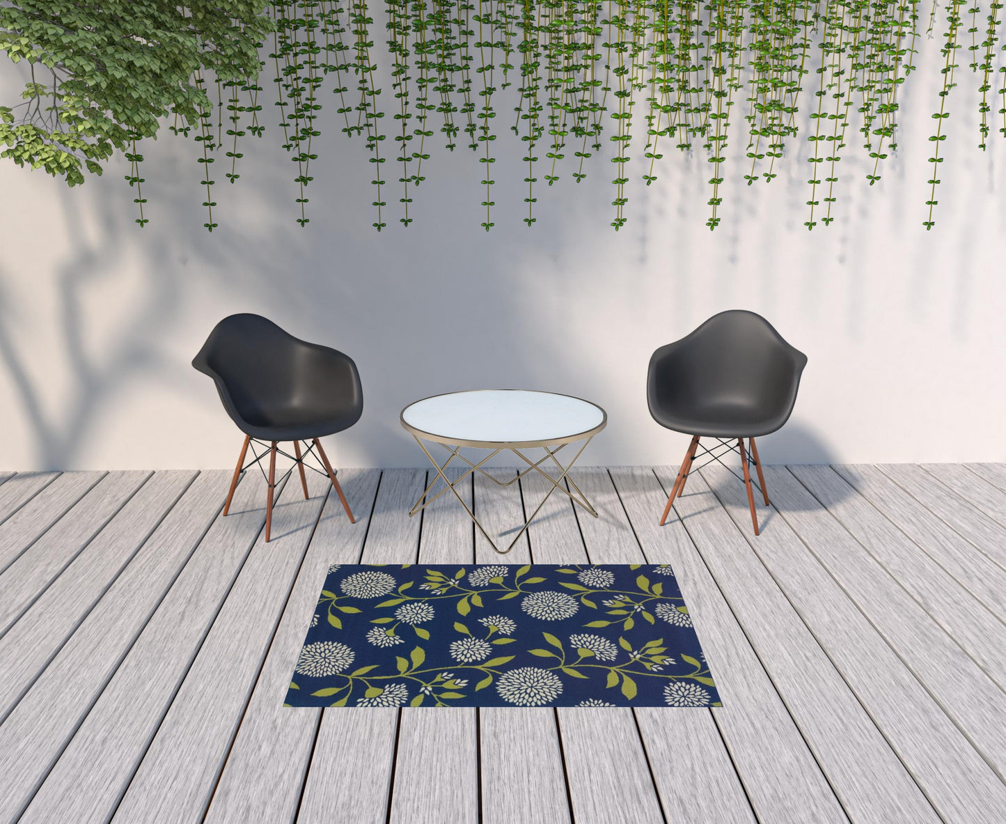 2' X 5' Blue and Green Floral Indoor Outdoor Area Rug