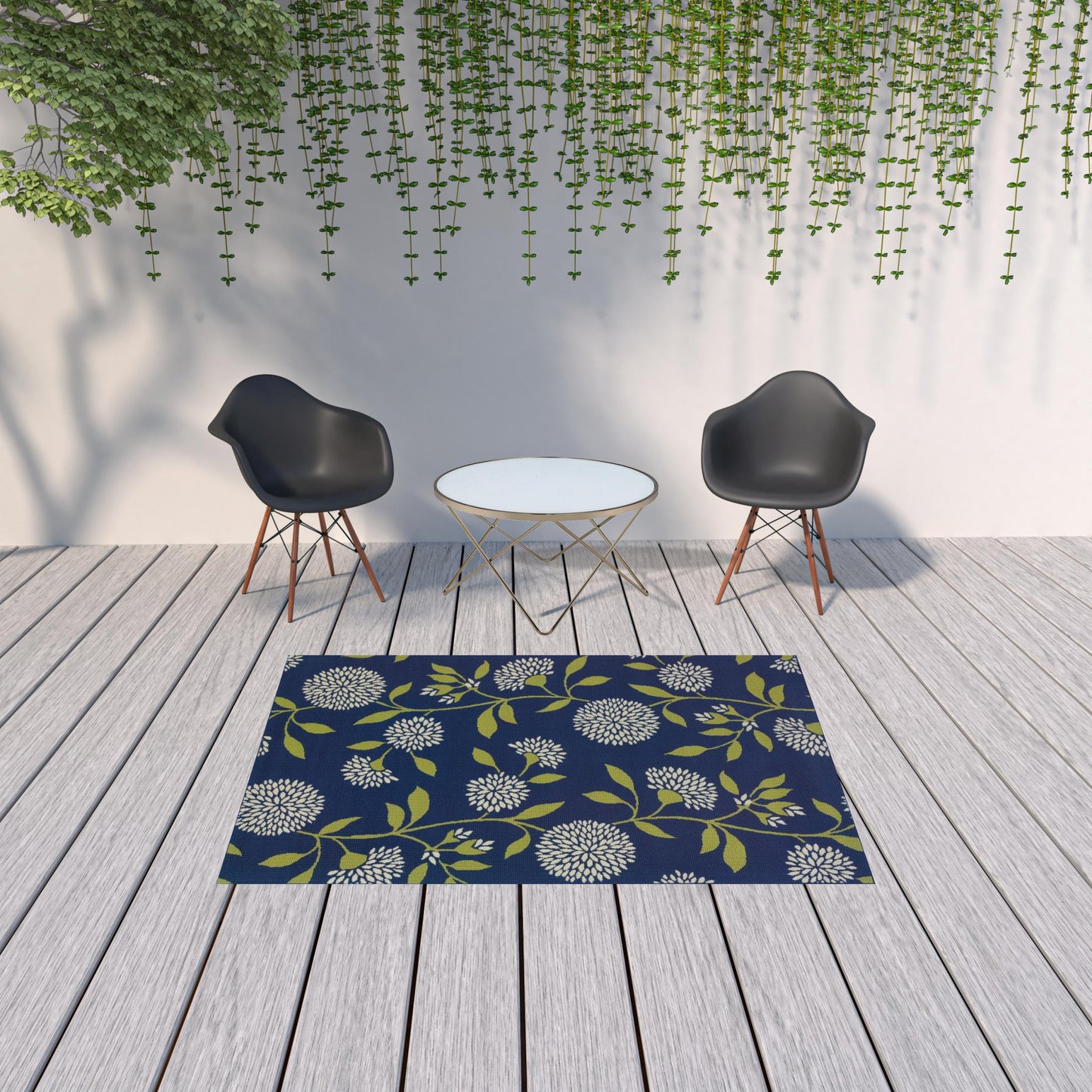 2' X 5' Blue and Green Floral Indoor Outdoor Area Rug