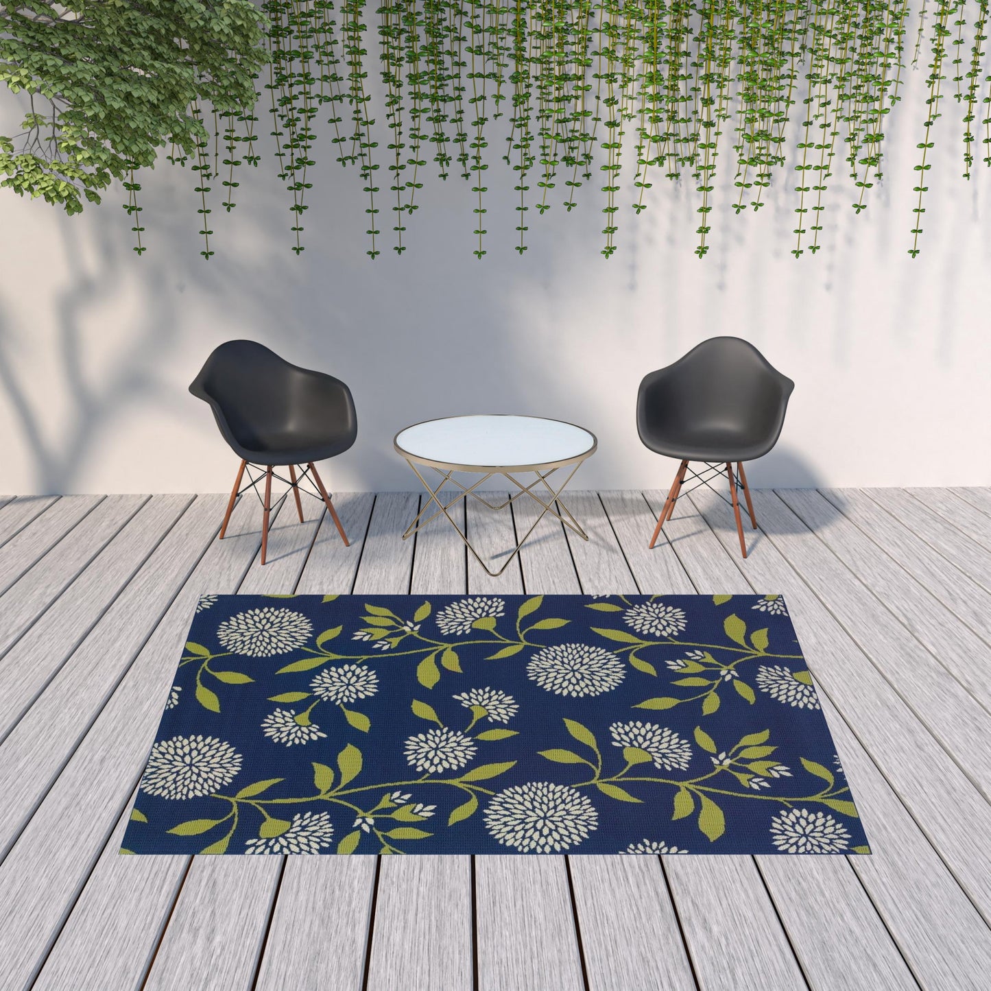 2' X 5' Blue and Green Floral Indoor Outdoor Area Rug