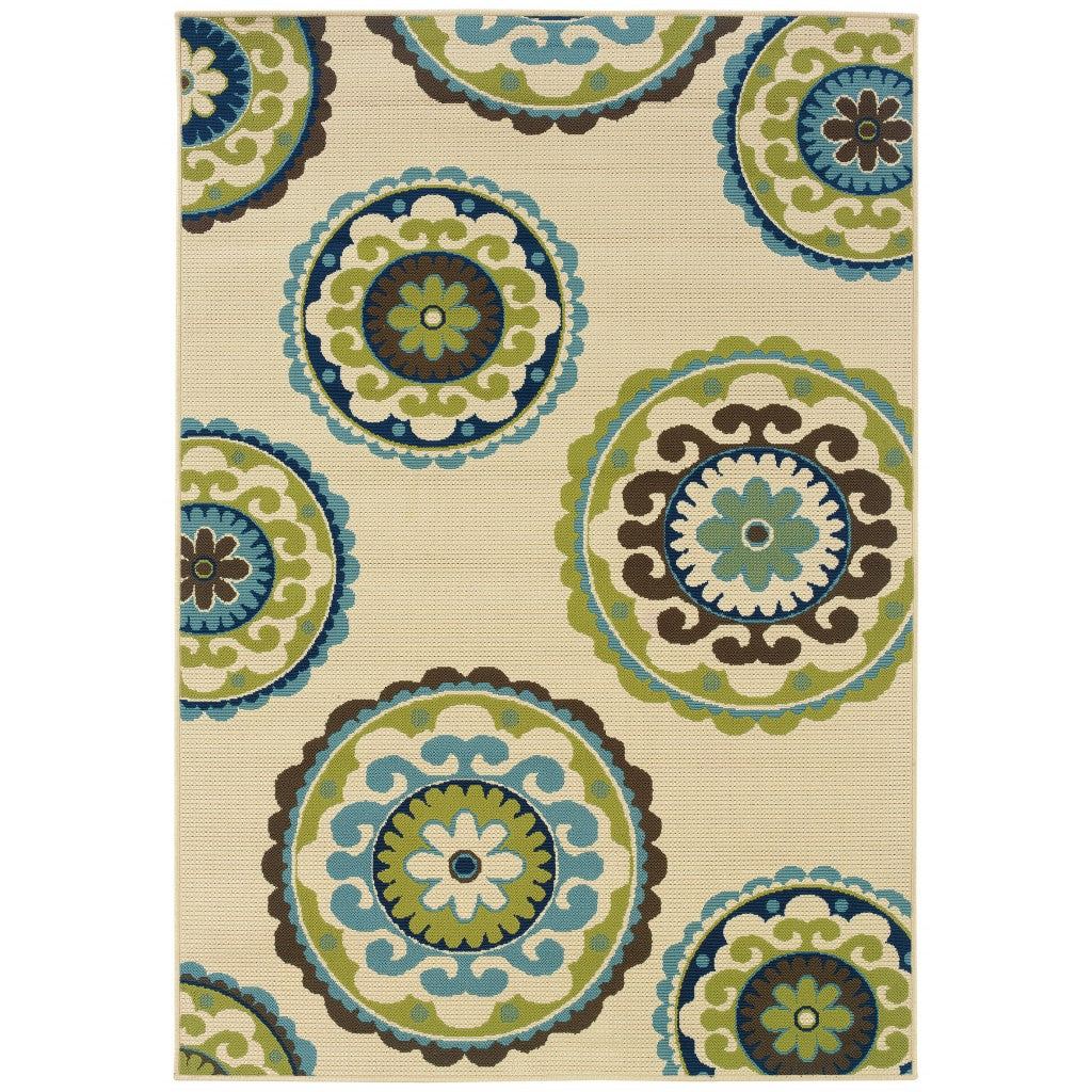 2' X 4' Green and Ivory Floral Indoor Outdoor Area Rug