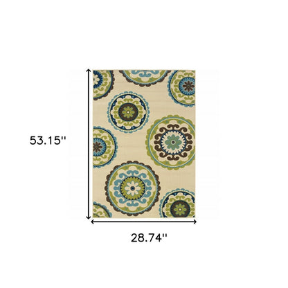 8' X 13' Ivory Indigo And Lime Green Floral Medallion Indoor Outdoor Area Rug