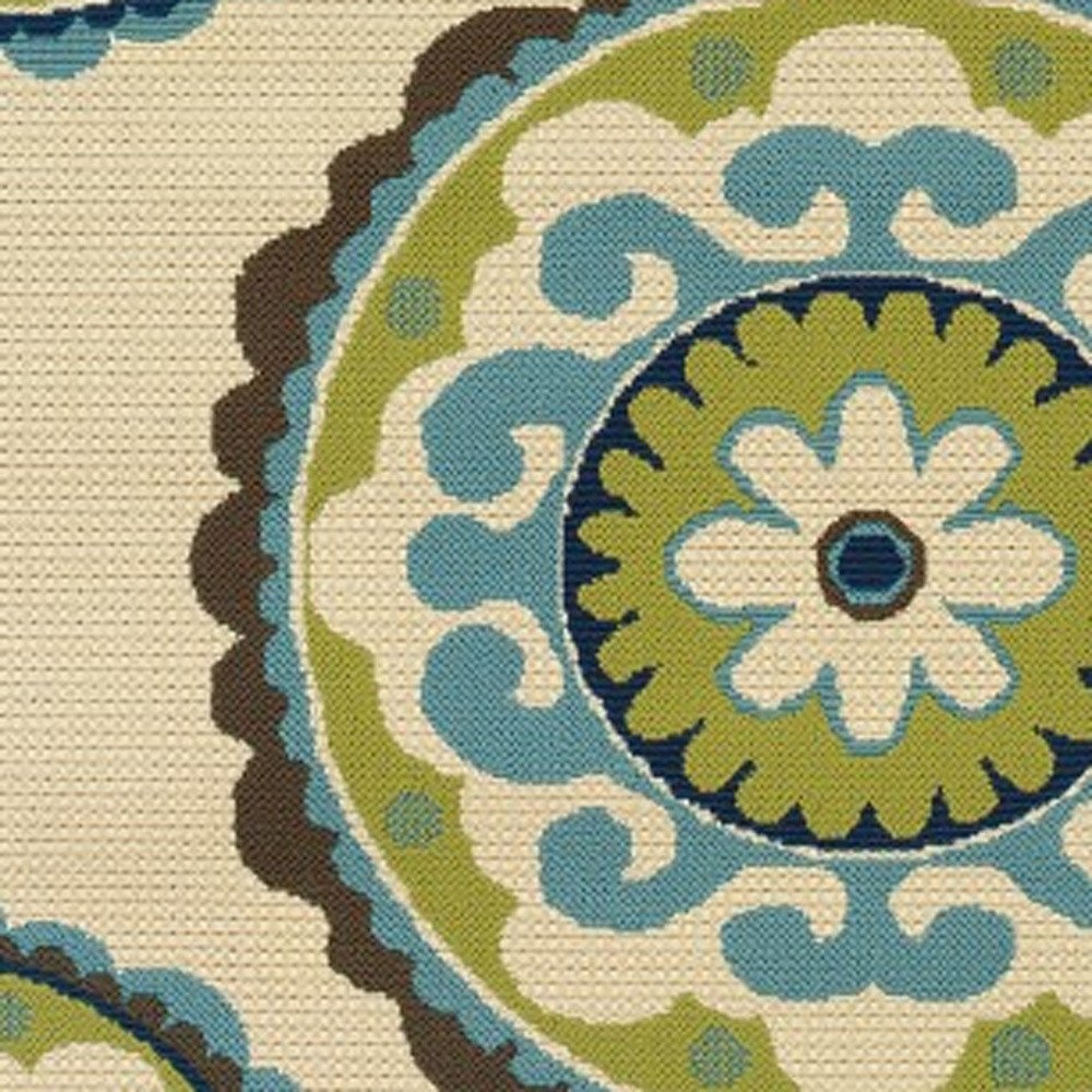 8' X 13' Ivory Indigo And Lime Green Floral Medallion Indoor Outdoor Area Rug