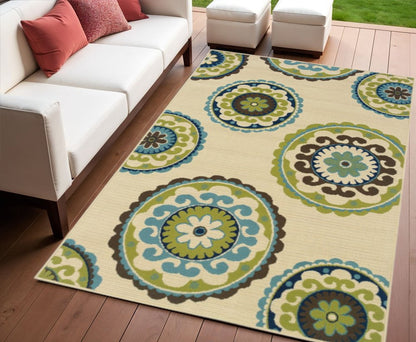 8' X 13' Ivory Indigo And Lime Green Floral Medallion Indoor Outdoor Area Rug