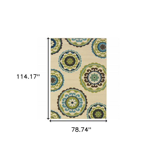 Green and Ivory Floral Indoor Outdoor Area Rug