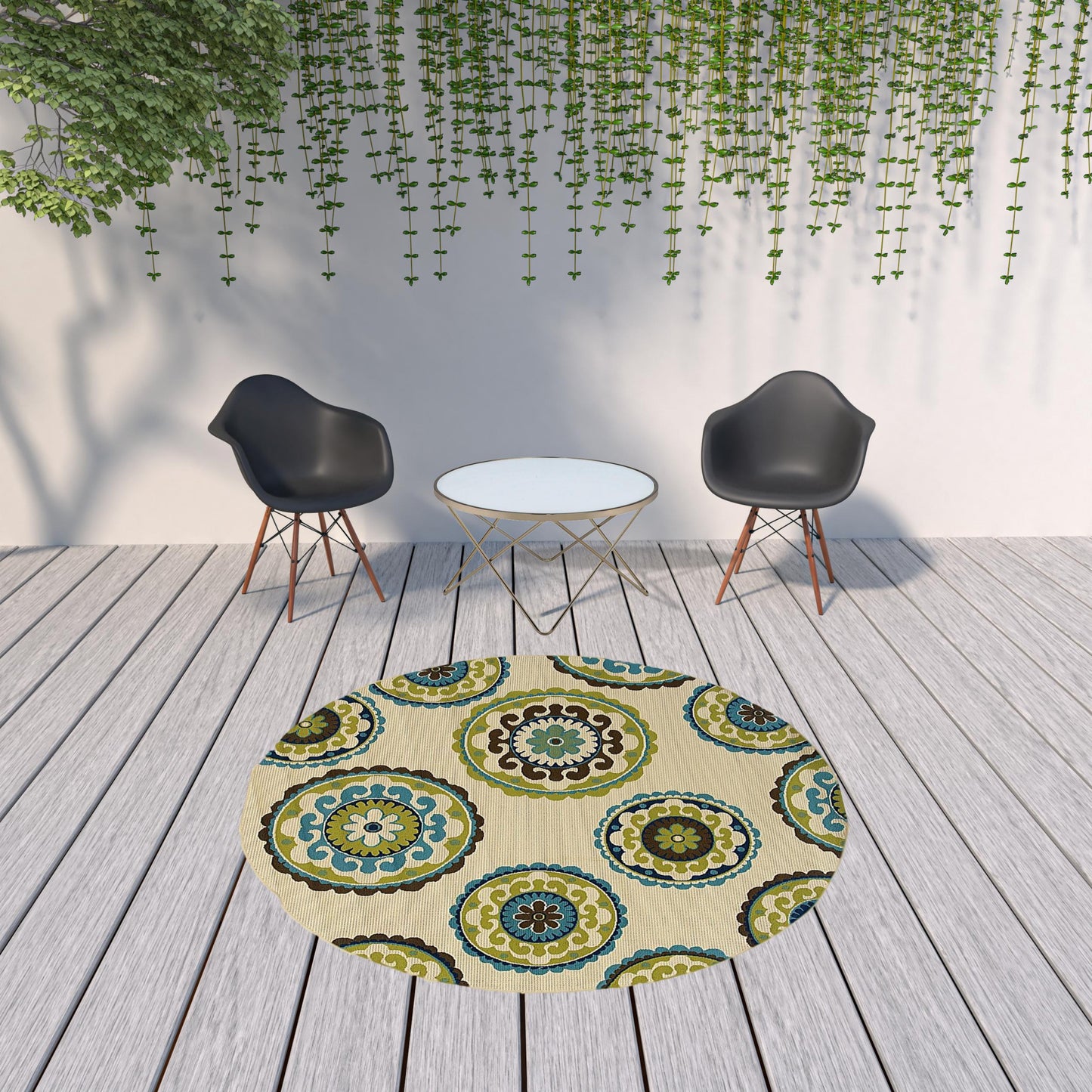 5' x 8' Green and Ivory Floral Indoor Outdoor Area Rug
