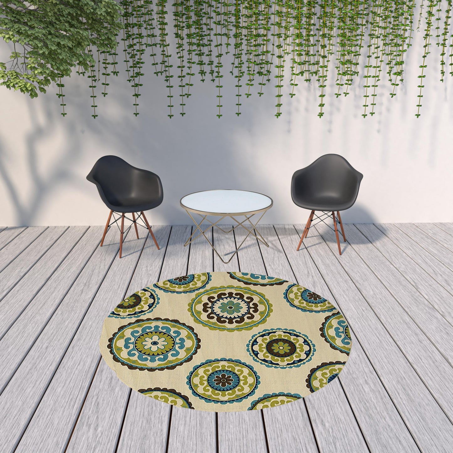 2' X 4' Green and Ivory Floral Indoor Outdoor Area Rug