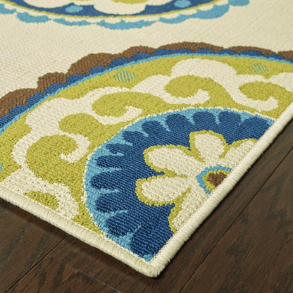8' X 13' Ivory Indigo And Lime Green Floral Medallion Indoor Outdoor Area Rug
