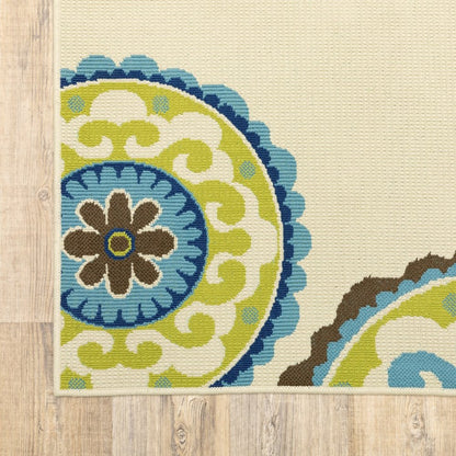 8' X 13' Ivory Indigo And Lime Green Floral Medallion Indoor Outdoor Area Rug