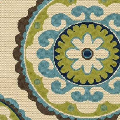 8' X 13' Ivory Indigo And Lime Green Floral Medallion Indoor Outdoor Area Rug