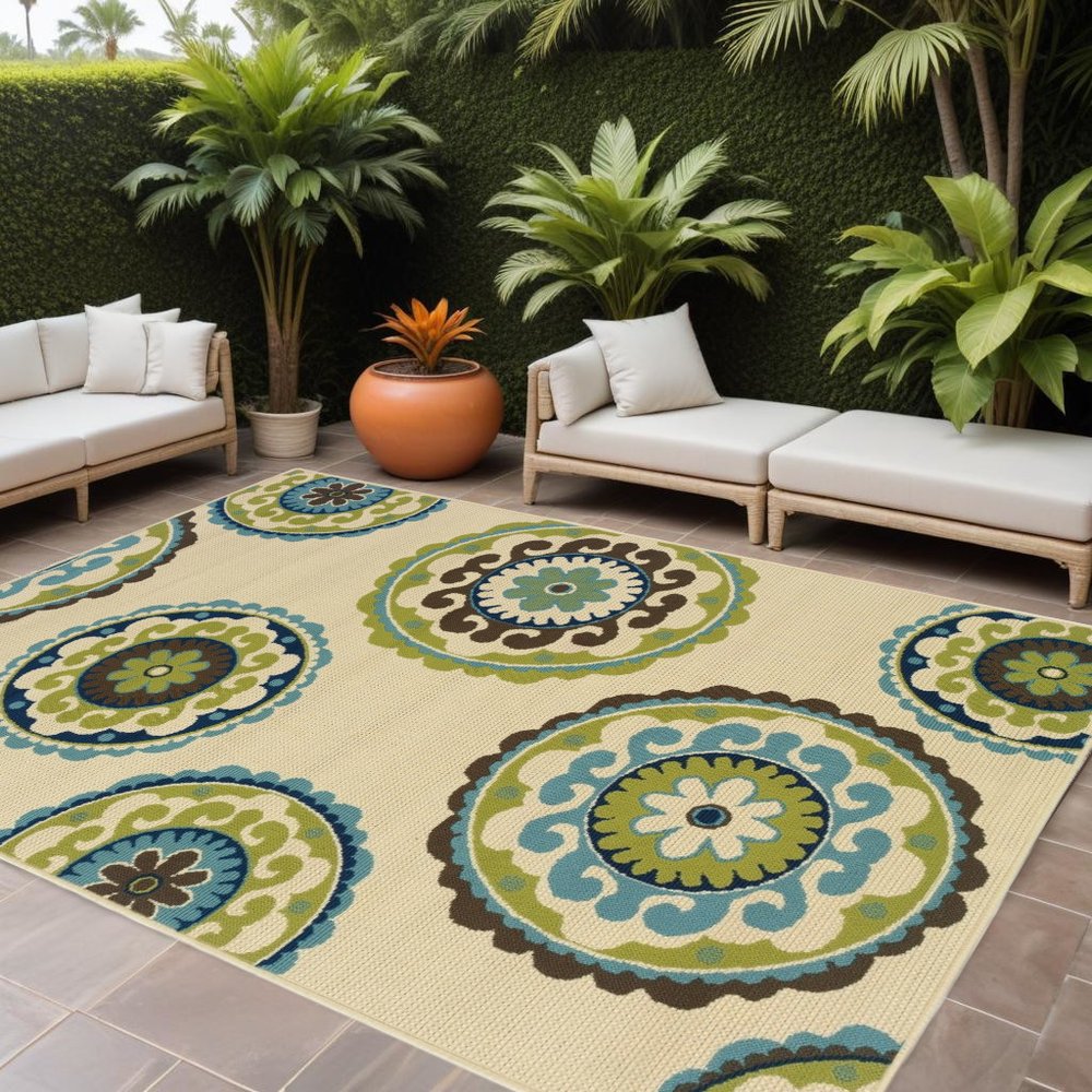 8' X 13' Ivory Indigo And Lime Green Floral Medallion Indoor Outdoor Area Rug