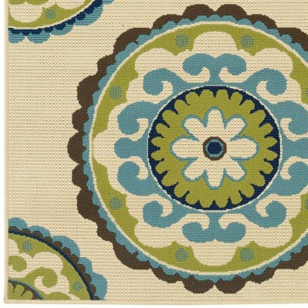 8' X 13' Ivory Indigo And Lime Green Floral Medallion Indoor Outdoor Area Rug