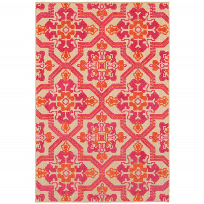 4' X 5' Pink and Orange Medallion Indoor Outdoor Area Rug
