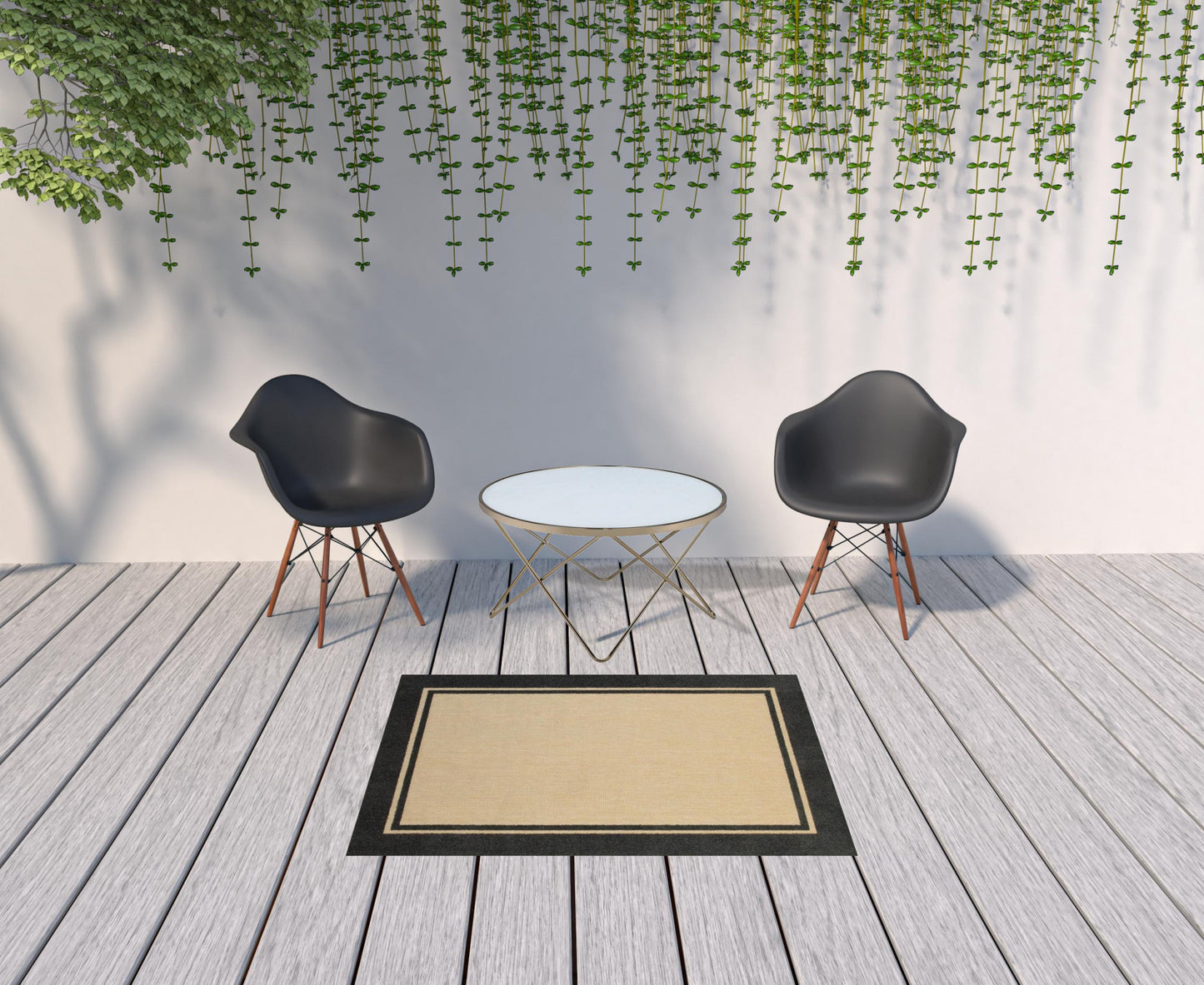 2' X 8' Beige and Black Indoor Outdoor Area Rug