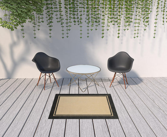 5' X 8' Beige and Black Indoor Outdoor Area Rug