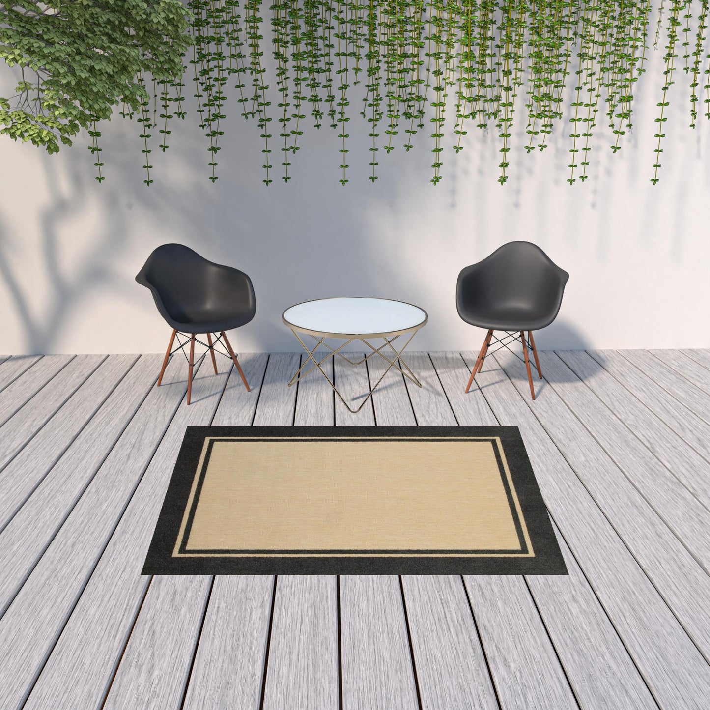 2' X 8' Beige and Black Indoor Outdoor Area Rug