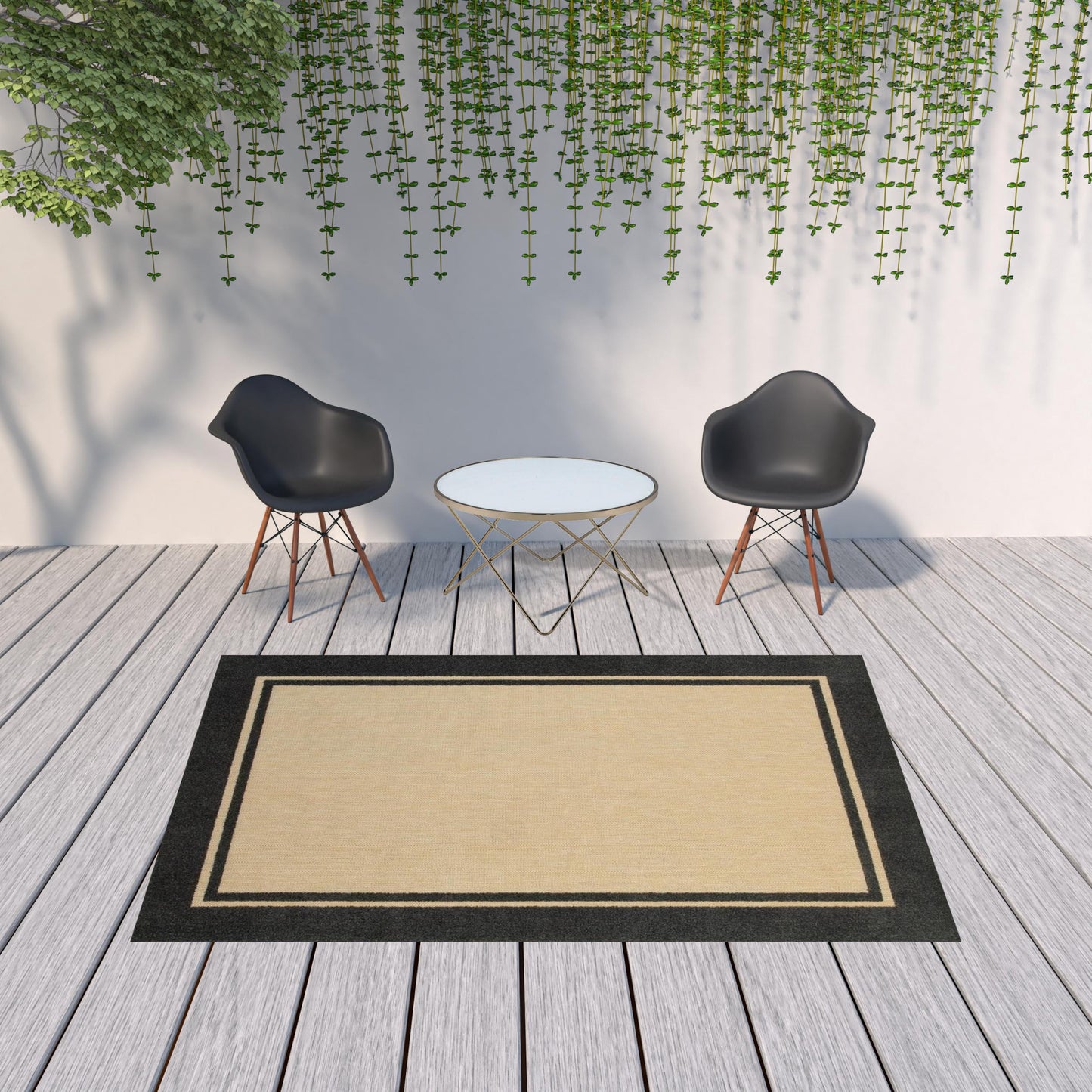 2' X 8' Beige and Black Indoor Outdoor Area Rug