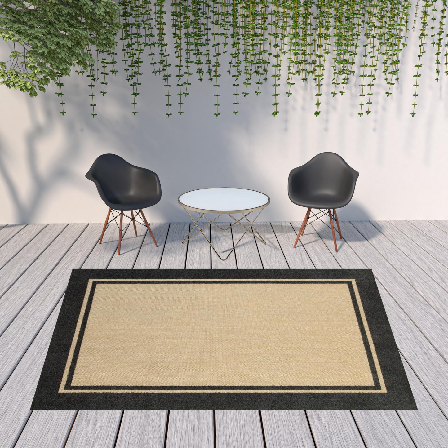 2' X 8' Beige and Black Indoor Outdoor Area Rug