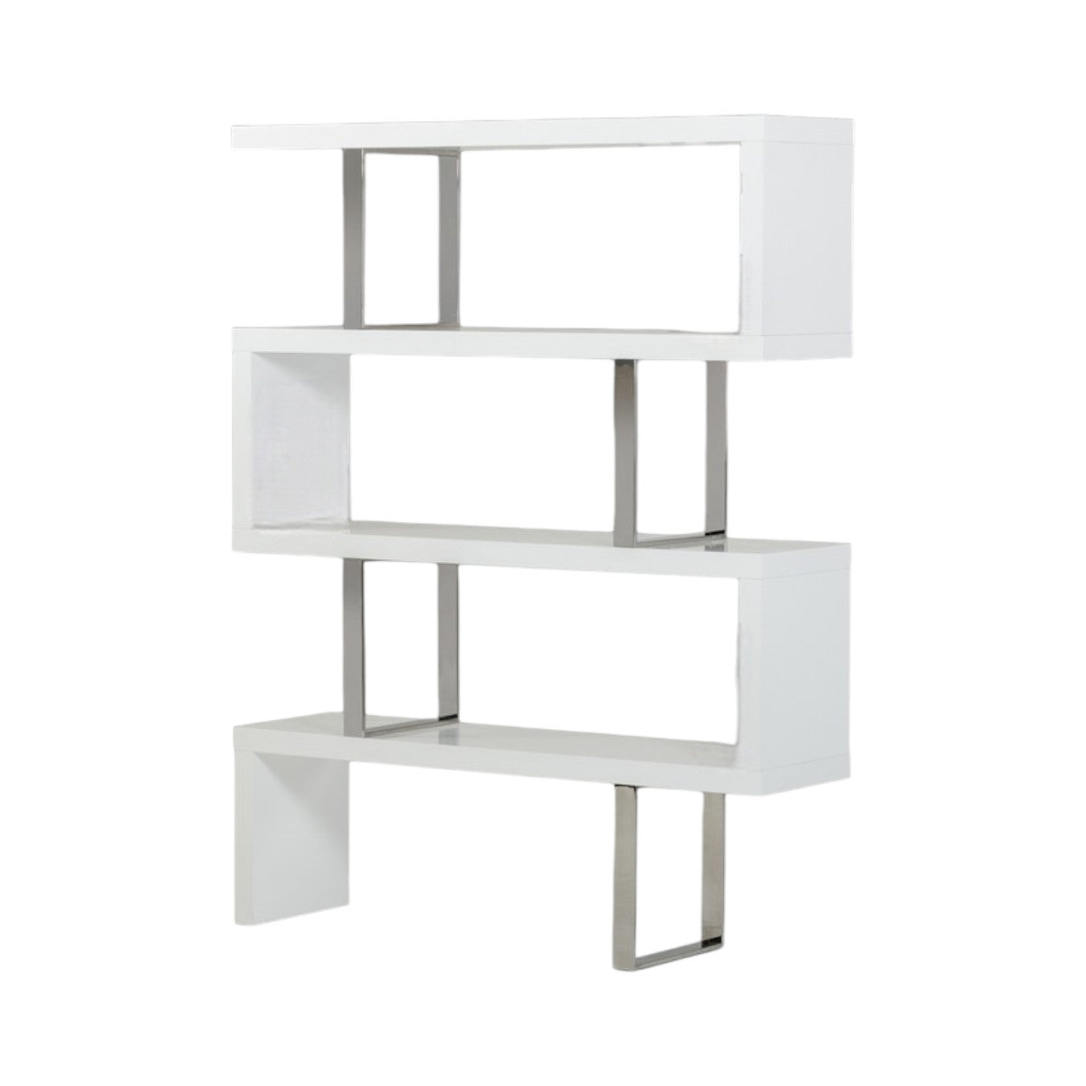 67" White Stainless Steel Four Tier Geometric Bookcase