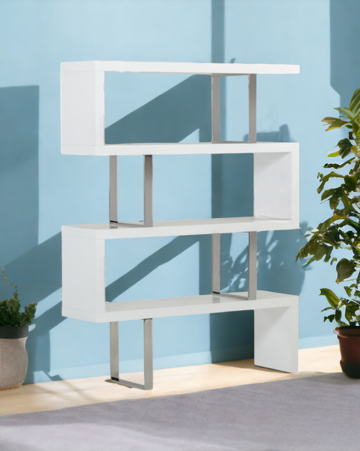 67" White Stainless Steel Four Tier Geometric Bookcase