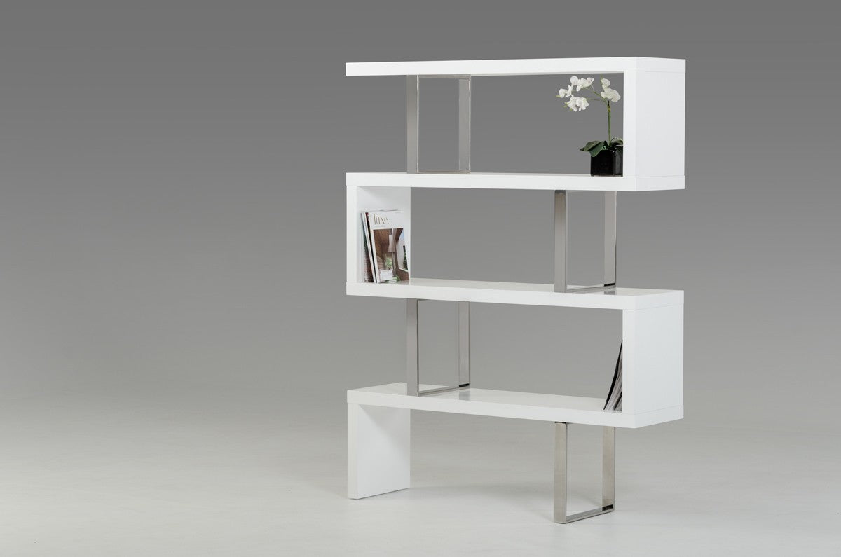 67" White Stainless Steel Four Tier Geometric Bookcase