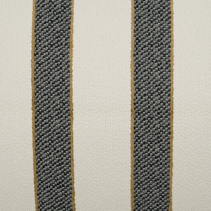 Close-up of beige woven pillow fabric with two wide charcoal-gray stripes bordered by thin gold edging