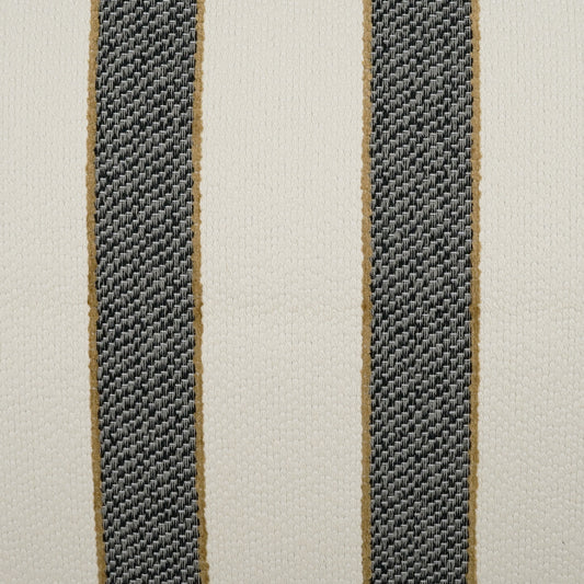 Beige fabric with two vertical dark gray woven stripes edged in gold piping.