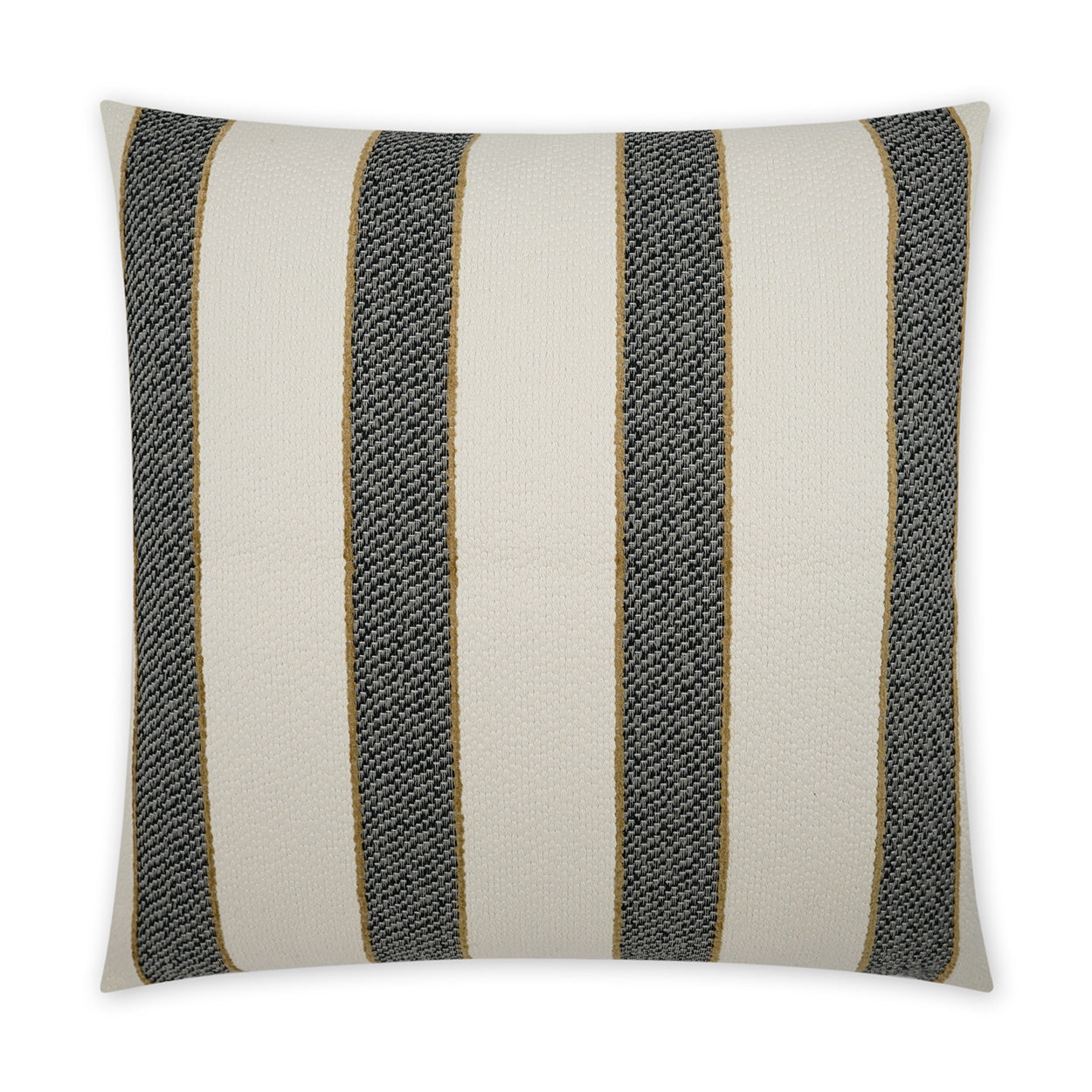 Square decorative throw pillow in beige woven fabric with dark navy textured vertical stripes and thin gold separators.