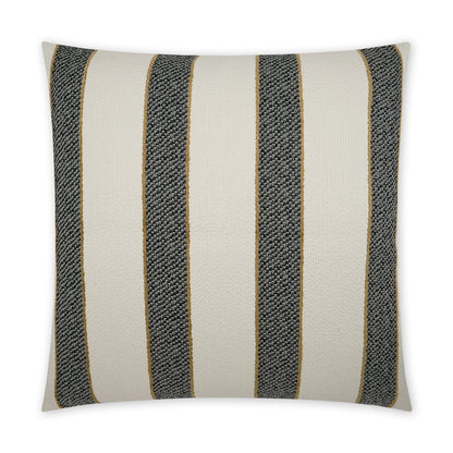 Square decorative throw pillow in beige woven fabric with dark navy textured vertical stripes and thin gold separators.