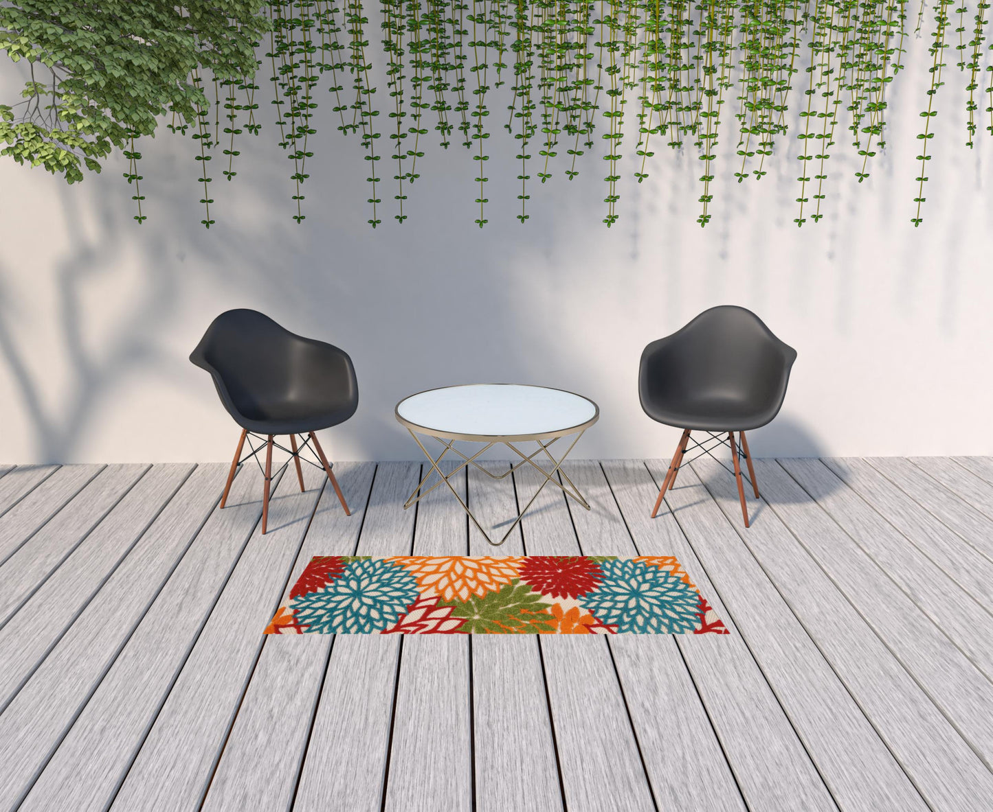 6' Runner Ivory Blue and Orange Floral Indoor Outdoor Area Rug