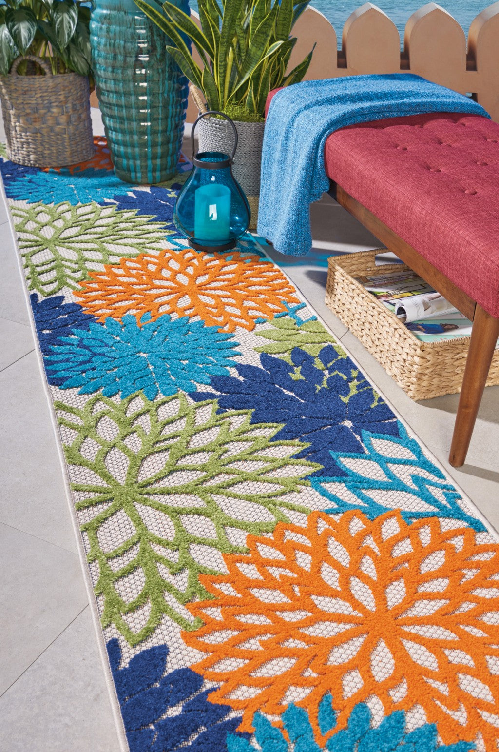 2' X 10' Ivory And Blue Floral Indoor Outdoor Area Rug