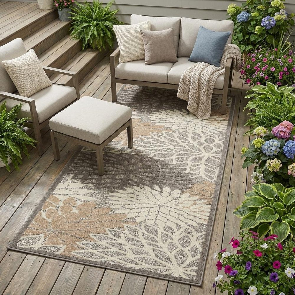 6' Gray And Ivory Floral Indoor Outdoor Area Rug