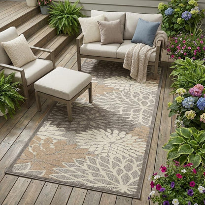 6' Gray And Ivory Floral Indoor Outdoor Area Rug