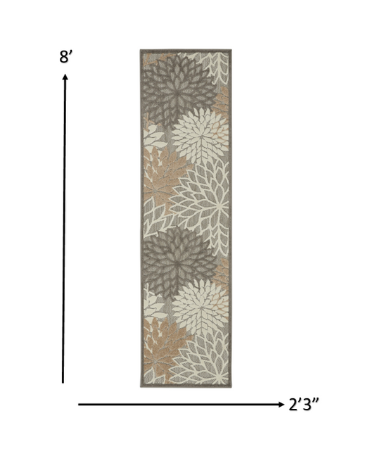 2' X 10' Gray And Ivory Floral Indoor Outdoor Area Rug