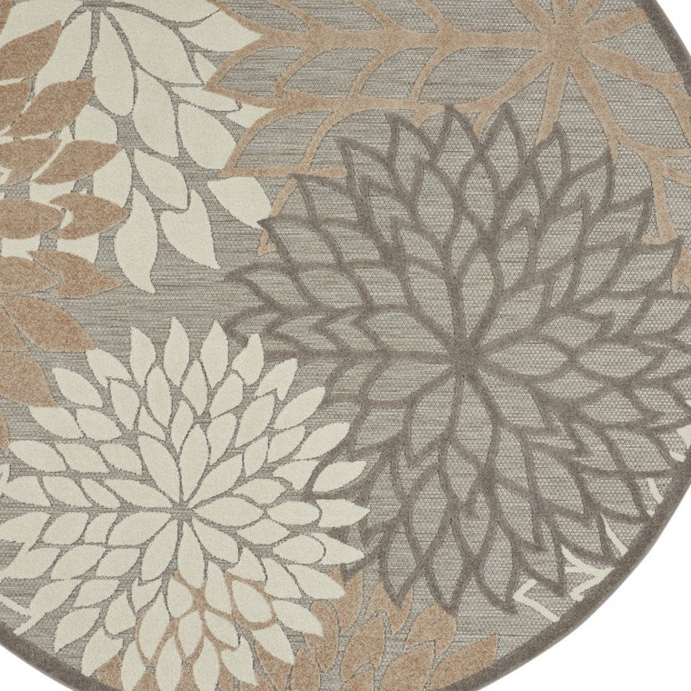 5' Round Gray And Ivory Round Floral Indoor Outdoor Area Rug