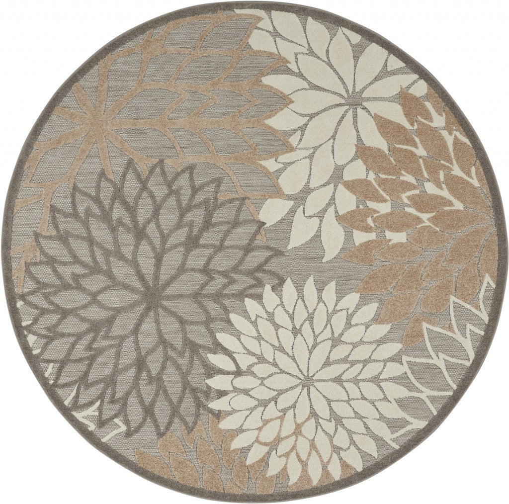 5' Round Gray And Ivory Round Floral Indoor Outdoor Area Rug