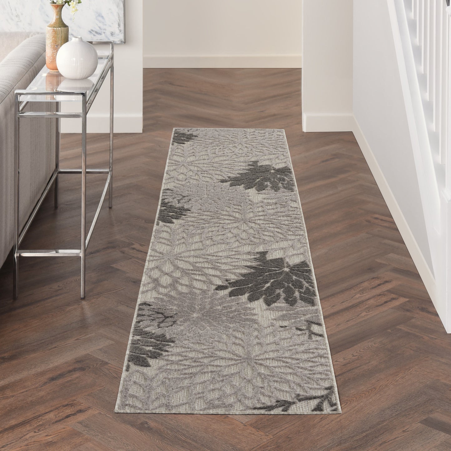 2' X 6' Gray Floral Indoor Outdoor Area Rug