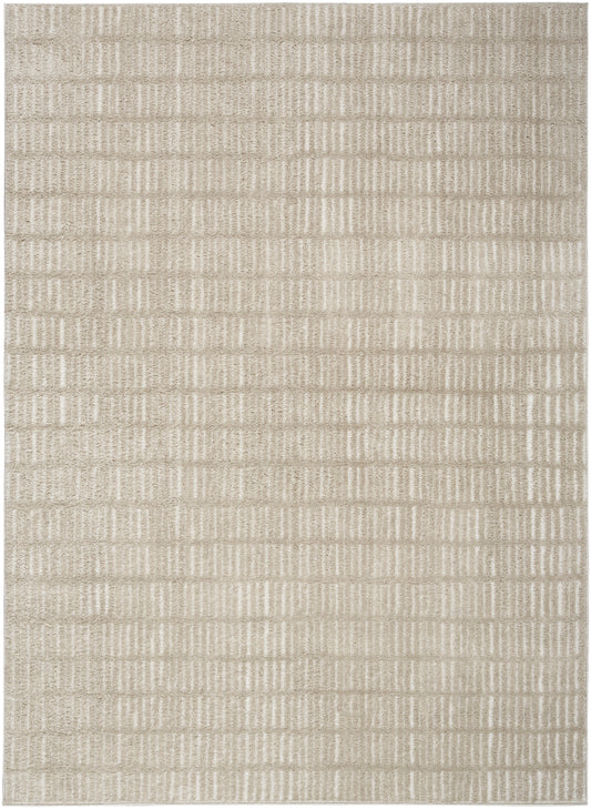Beige textured rug with subtle horizontal stripe blocks forming a woven grid pattern.