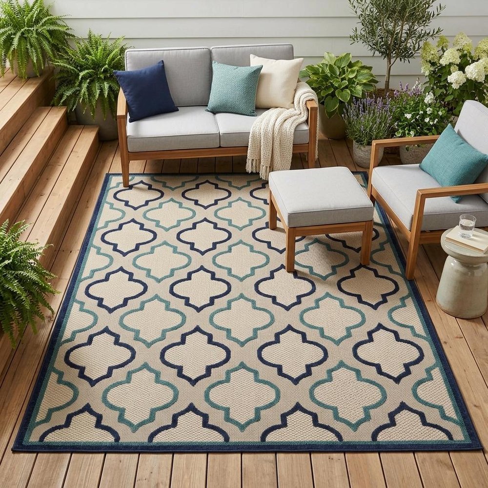 4' X 6' Blue And Ivory Geometric Indoor Outdoor Area Rug