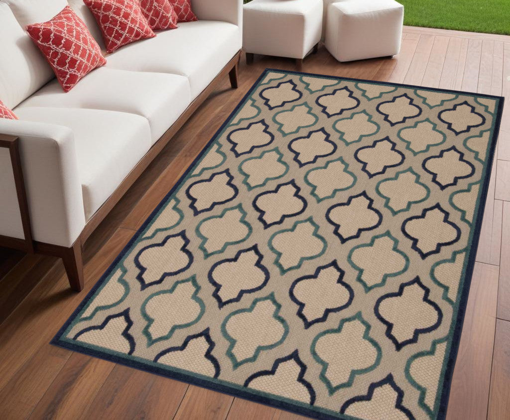 4' X 6' Blue And Ivory Geometric Indoor Outdoor Area Rug