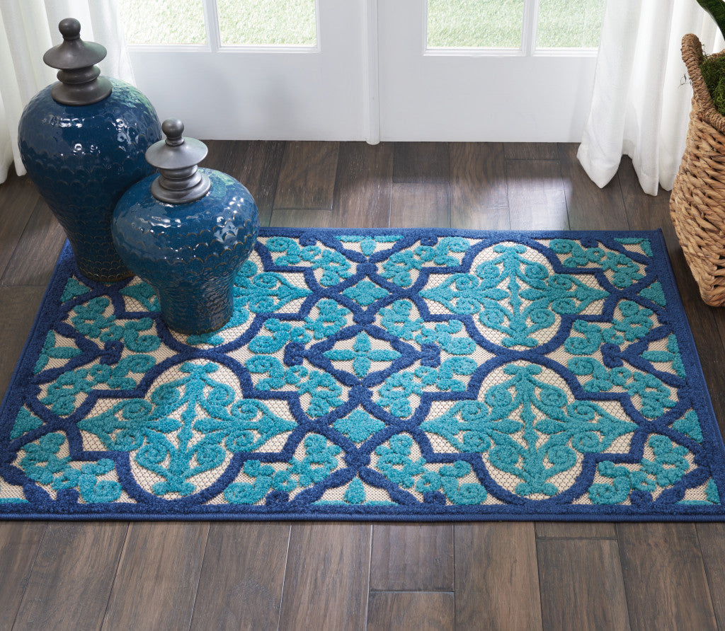 3' X 4' Blue And Ivory Moroccan Indoor Outdoor Area Rug