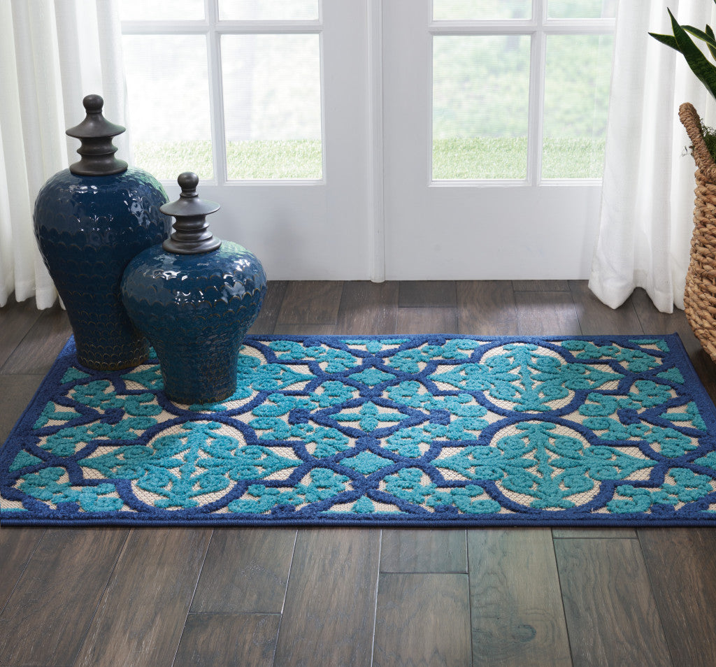 3' X 4' Blue And Ivory Moroccan Indoor Outdoor Area Rug