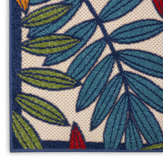 4' Ivory And Blue Round Floral Indoor Outdoor Area Rug