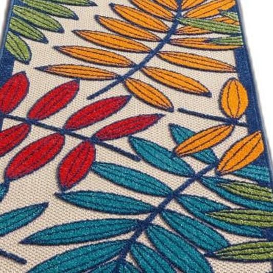 12' Ivory And Blue Floral Indoor Outdoor Runner Rug