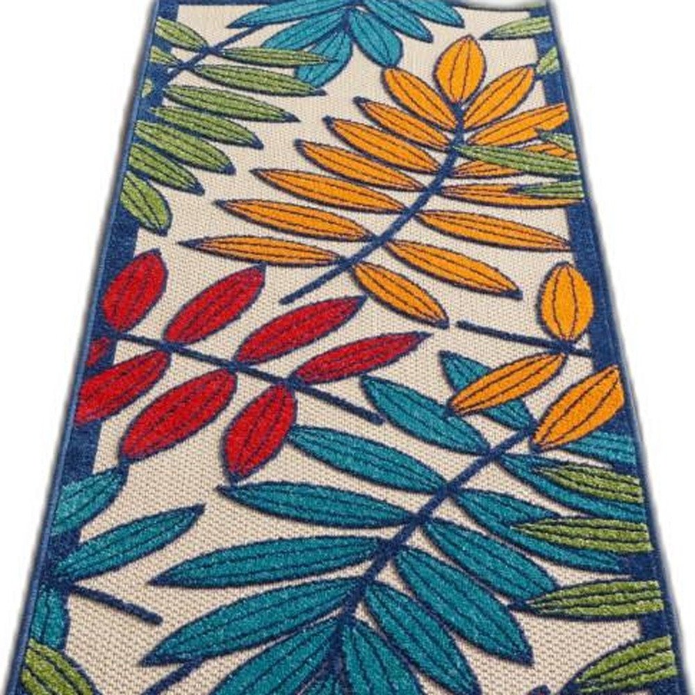 12' Ivory And Blue Floral Indoor Outdoor Runner Rug