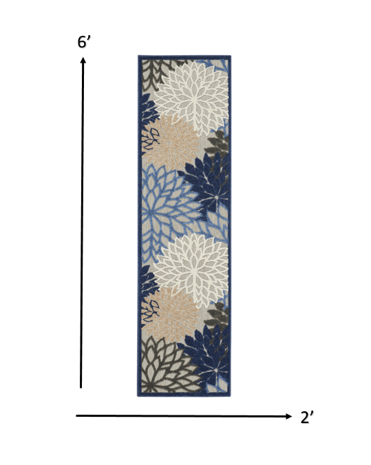 2' X 6' Blue And Gray Floral Indoor Outdoor Area Rug