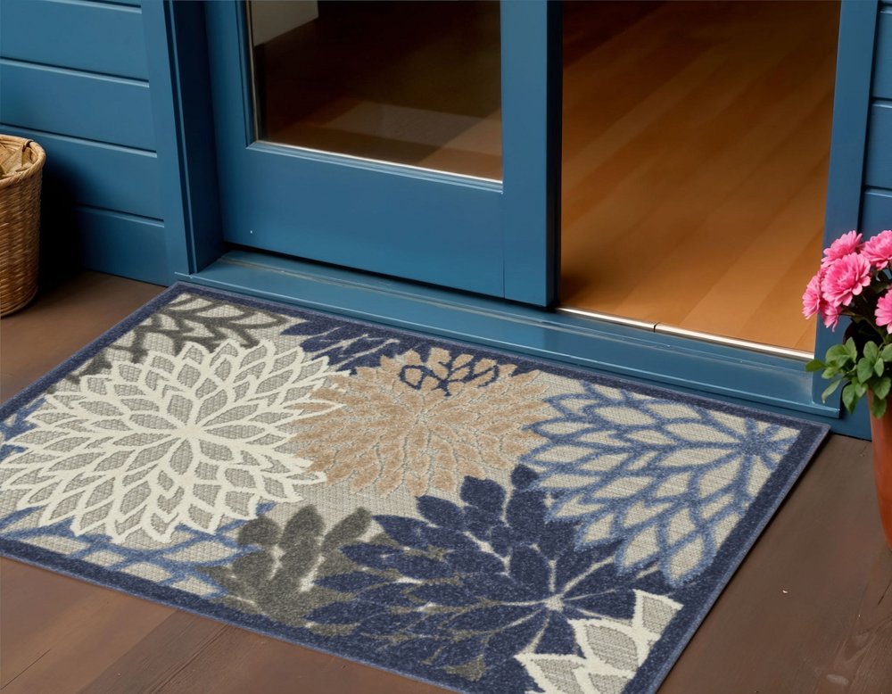 5' X 8' Blue And Gray Floral Indoor Outdoor Area Rug