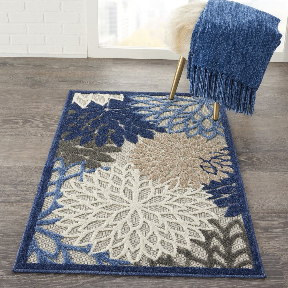 5' X 8' Blue And Gray Floral Indoor Outdoor Area Rug