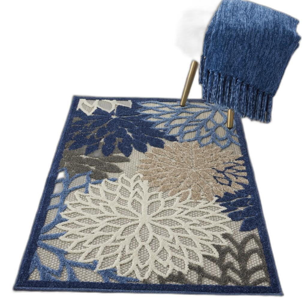 3' X 4' Blue And Gray Floral Indoor Outdoor Area Rug