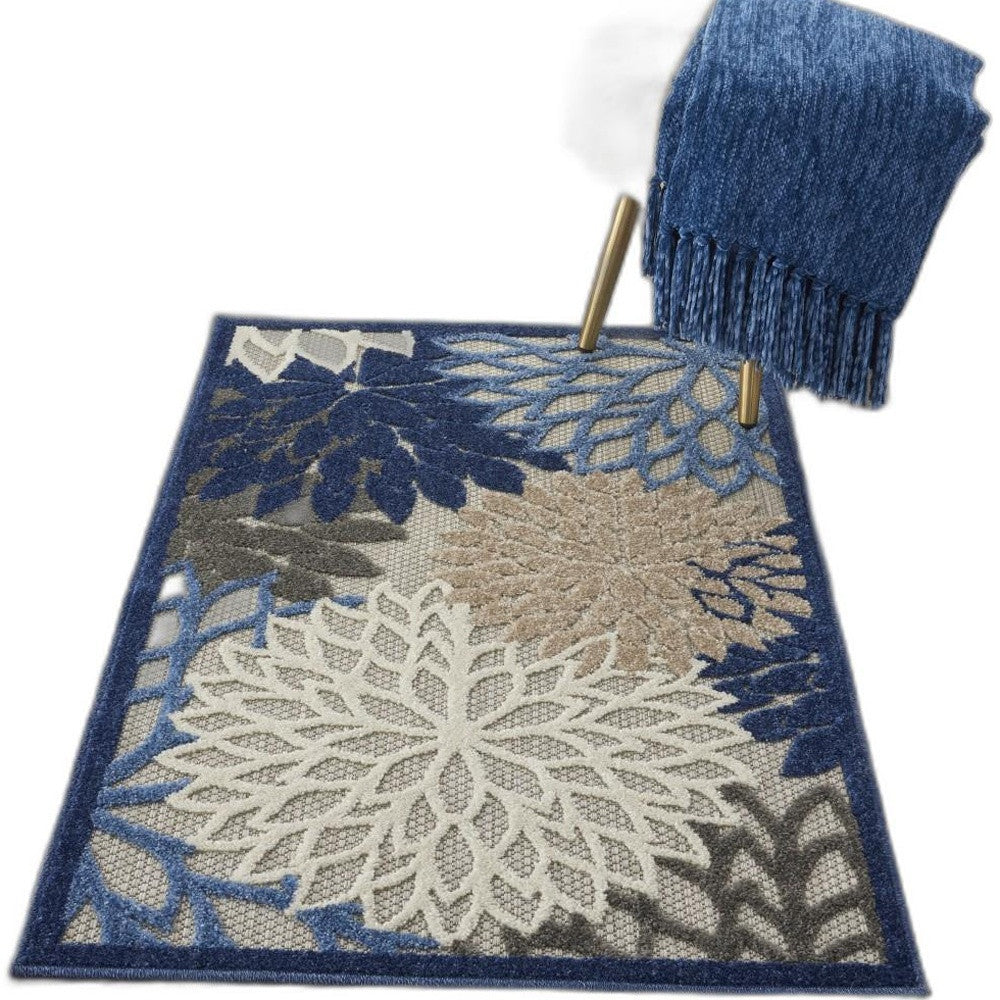 3' X 4' Blue And Gray Floral Indoor Outdoor Area Rug